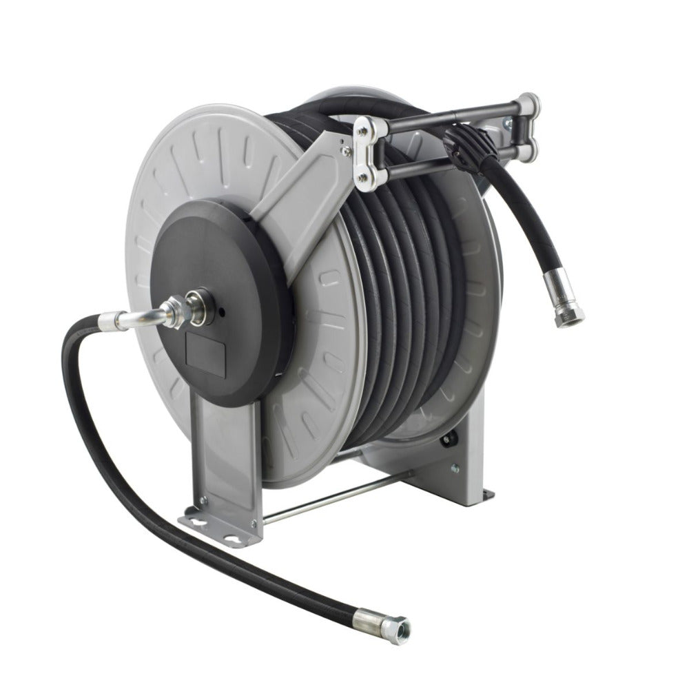 Heavy-duty 50m auto retract high pressure hose reel, 400 Bar / 6000 PSI. Built for pressure washers with durable steel frame & easy mounting.